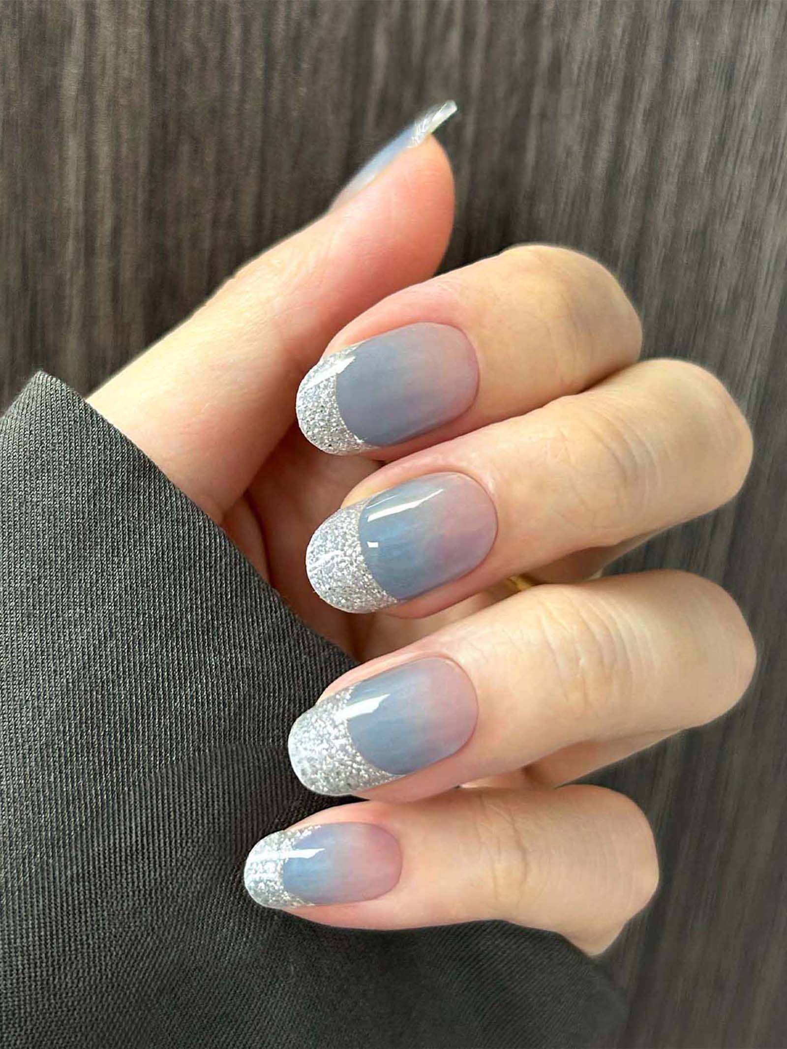 Chic blue gel nail stickers with silver shimmer accents