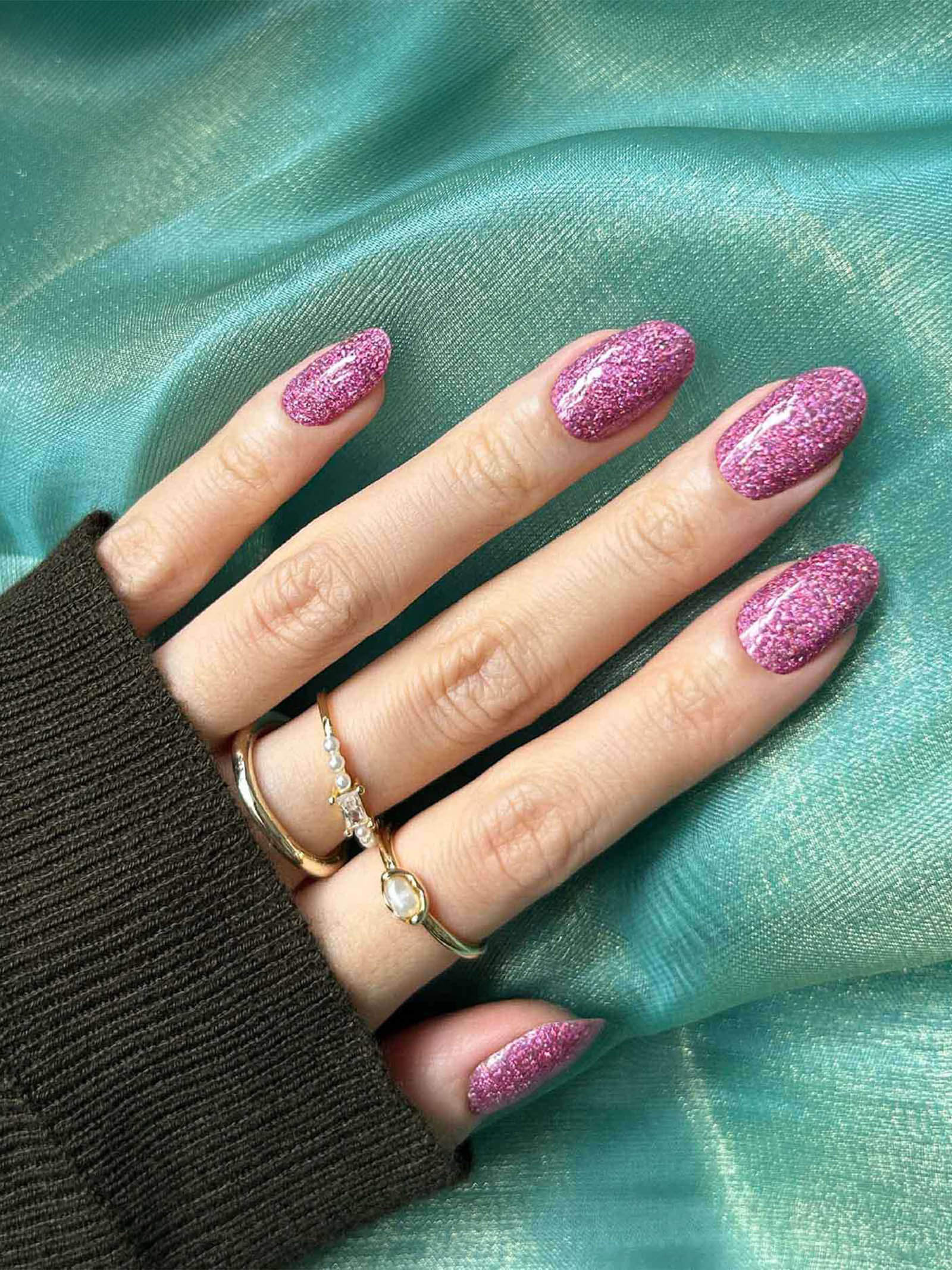 Glamorous cherry pink gel nail stickers with subtle sparkle