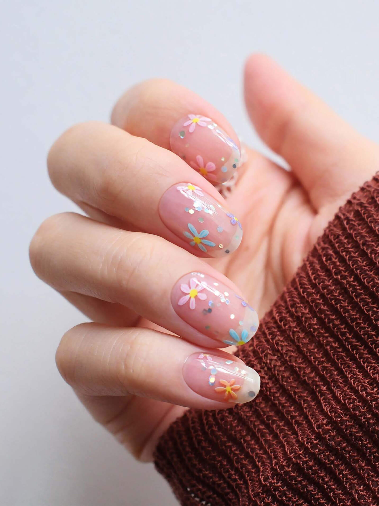 Delicate transparent gel nail stickers  with colorful floral accents