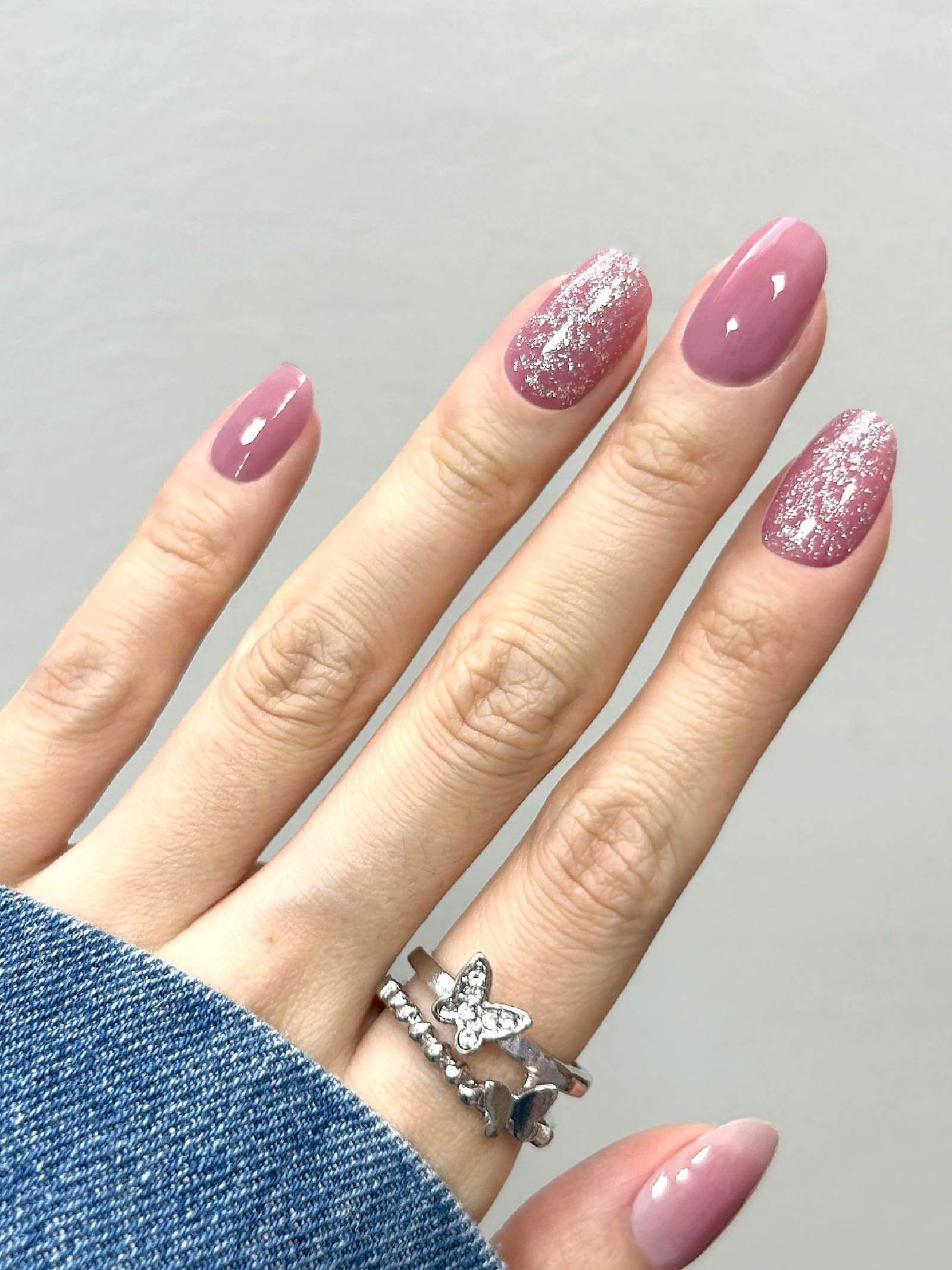 Vibrant magenta gel nail stickers with shimmer