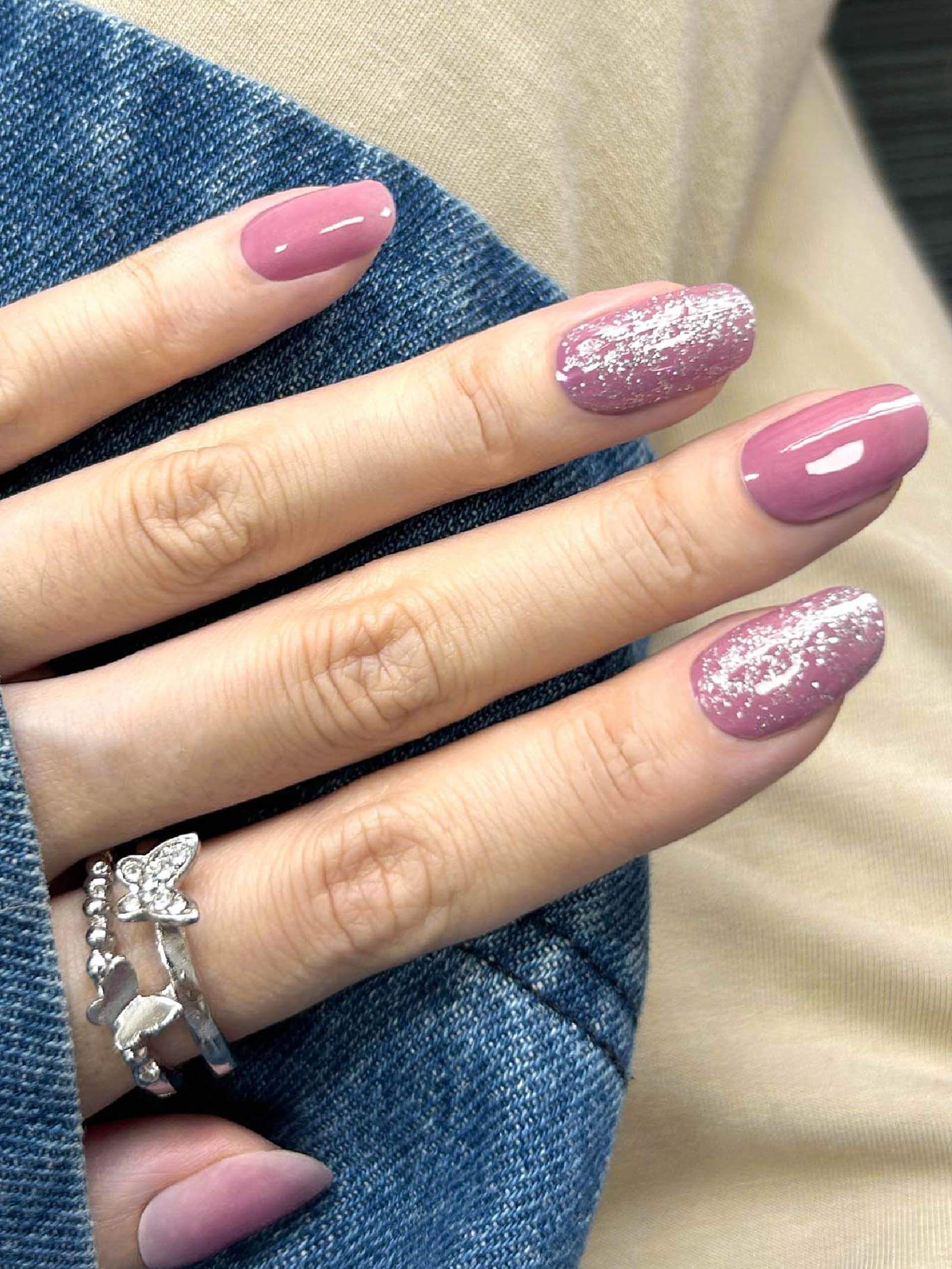 Bold magenta gel nail stickers with sparkling finish