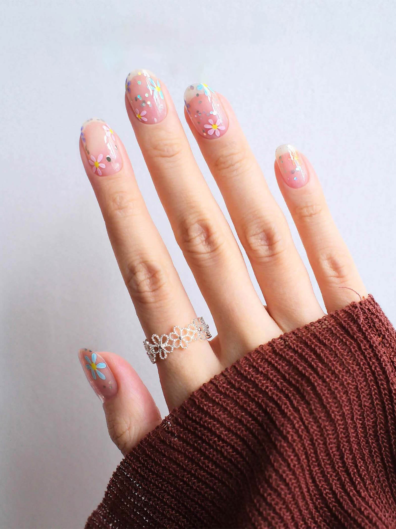 Elegant transparent nail stickers with colorful floral designs