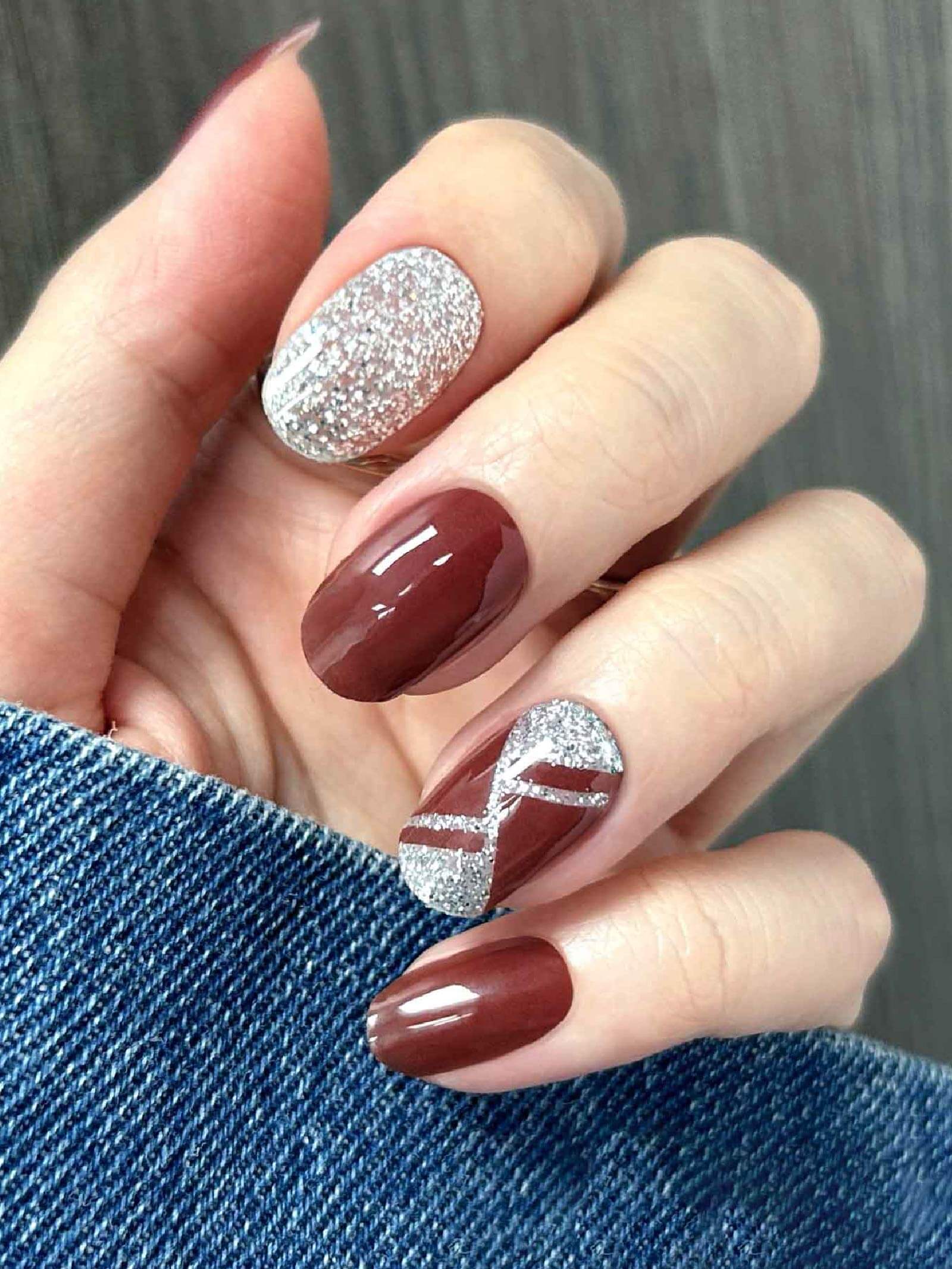 Elegant deep red nail art stickers blended with silver shimmer