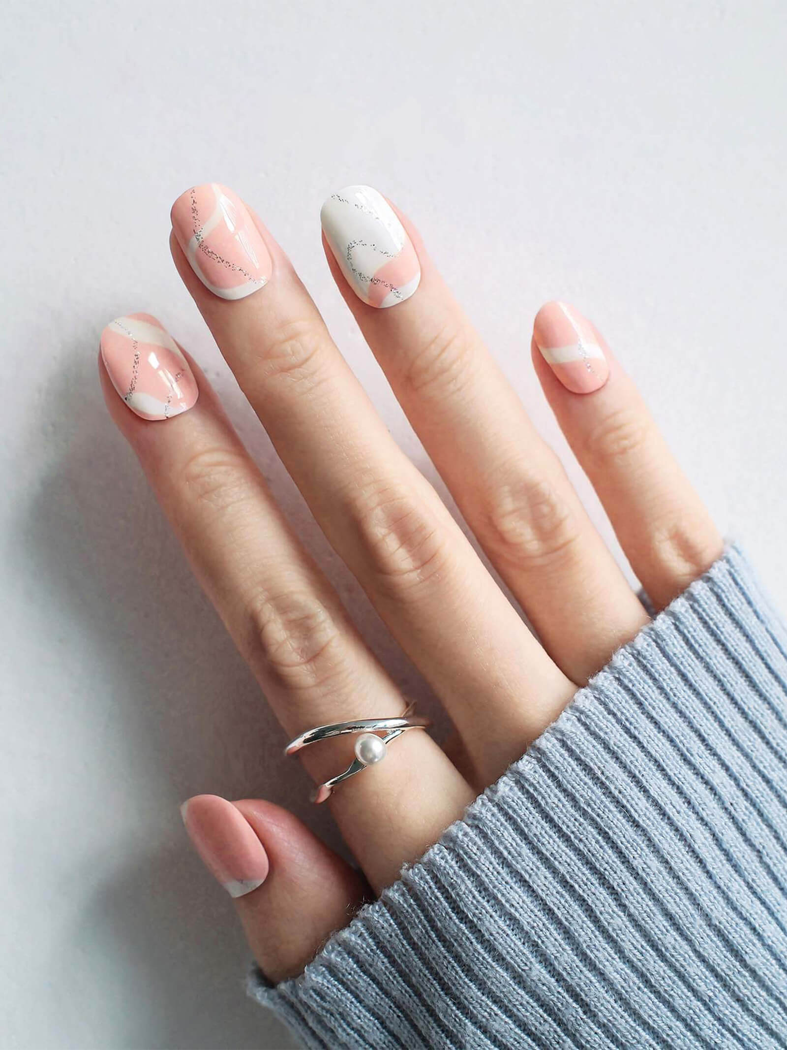 Bold pink and white split nail design stickers