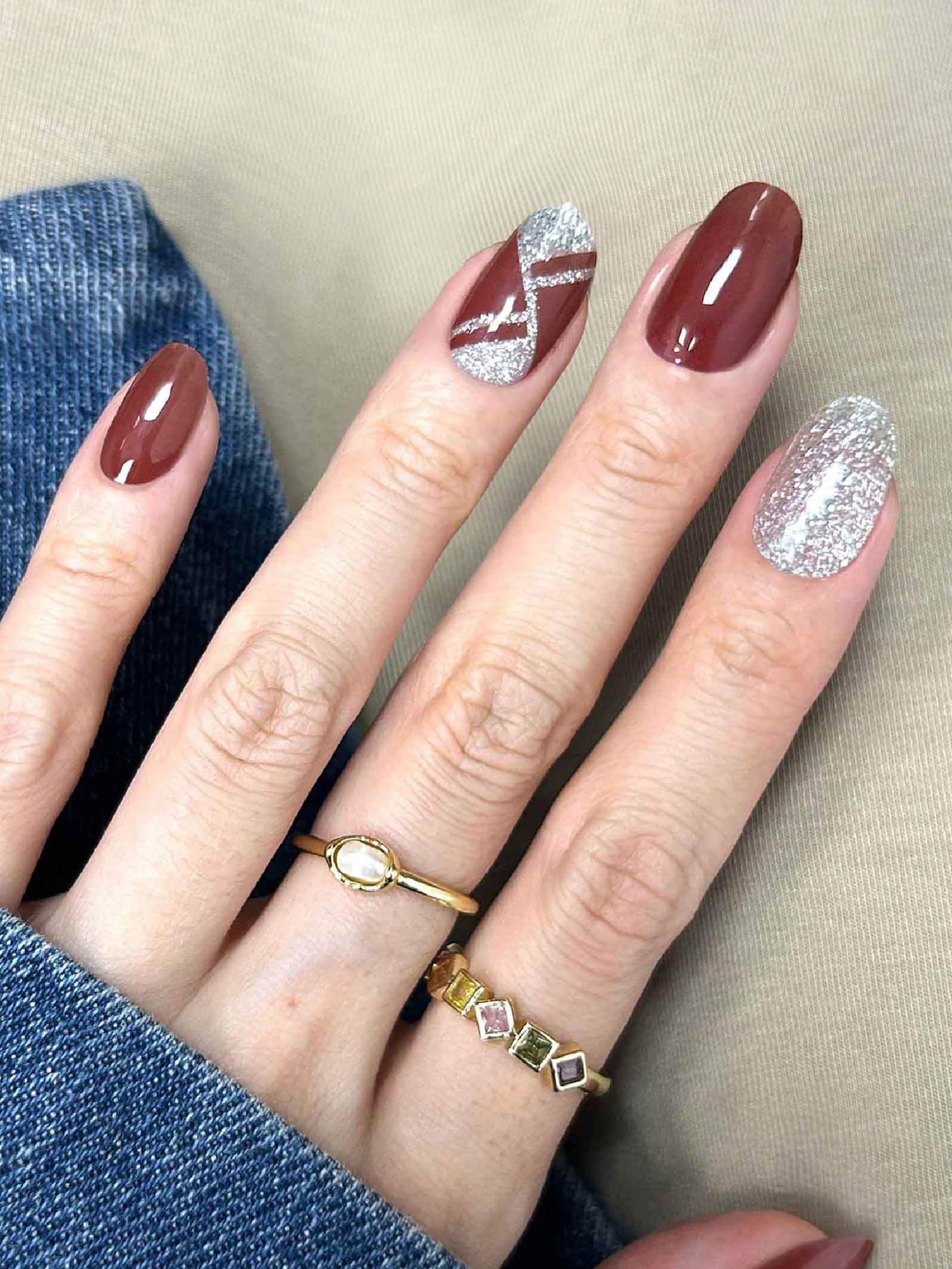 Rich deep red gel nail stickers with silver glitter accents