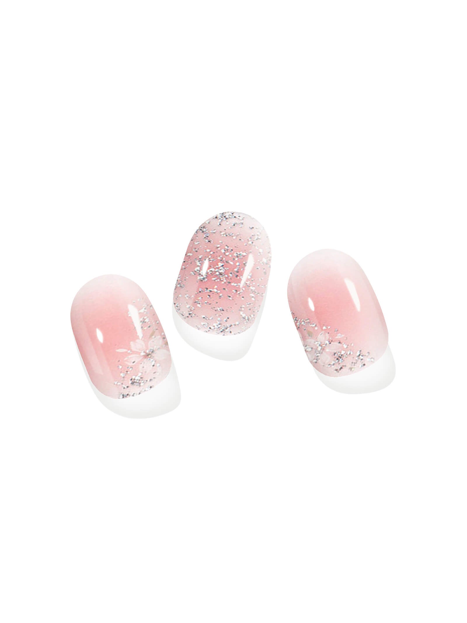 Pink gel nail stickers with white floral accents