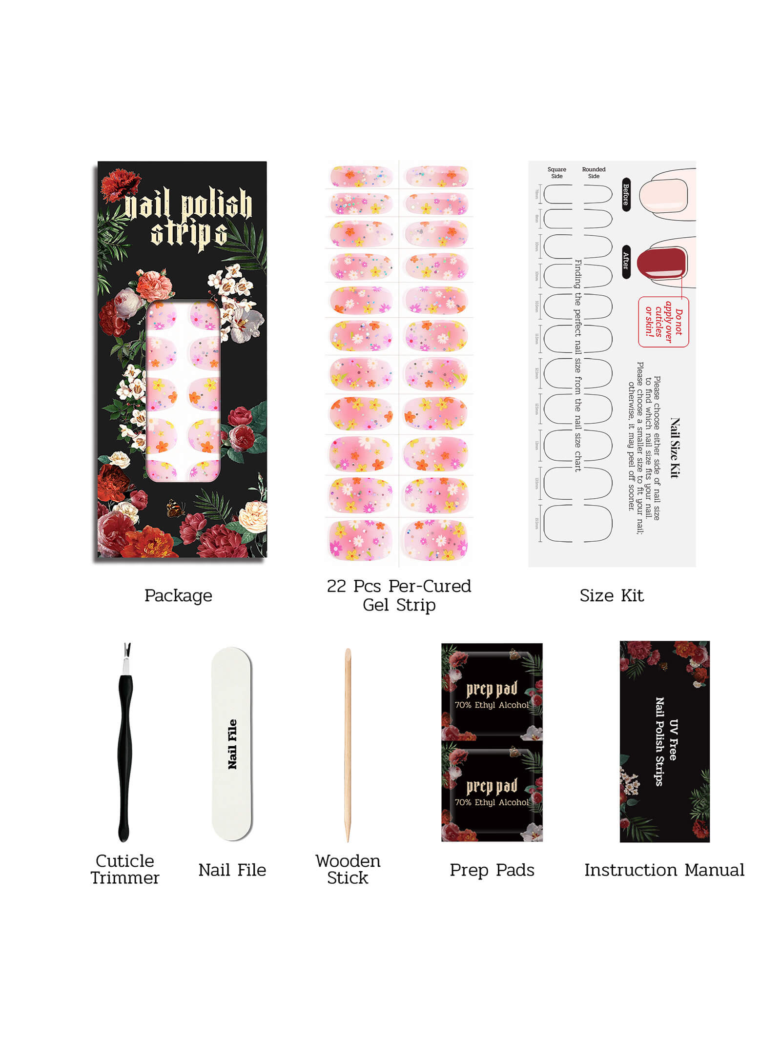 Elegant pink gradient gel nail stickers with colorful floral