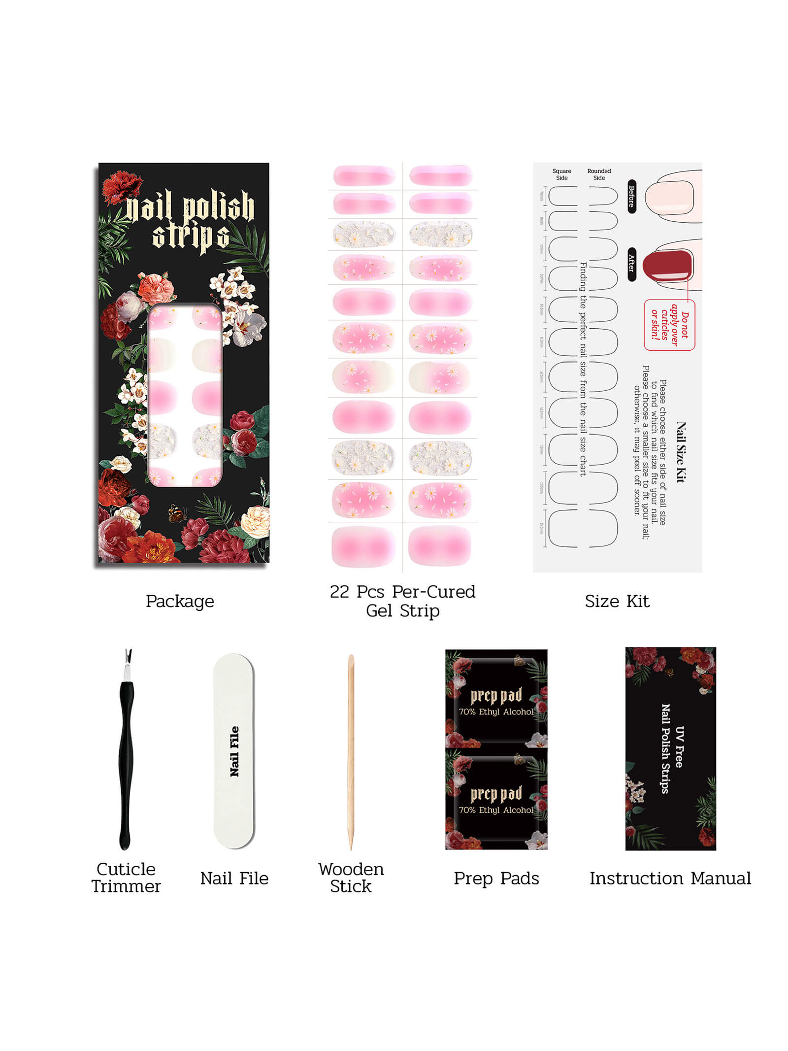 Stylish pink gradient nail stickers with white floral accents