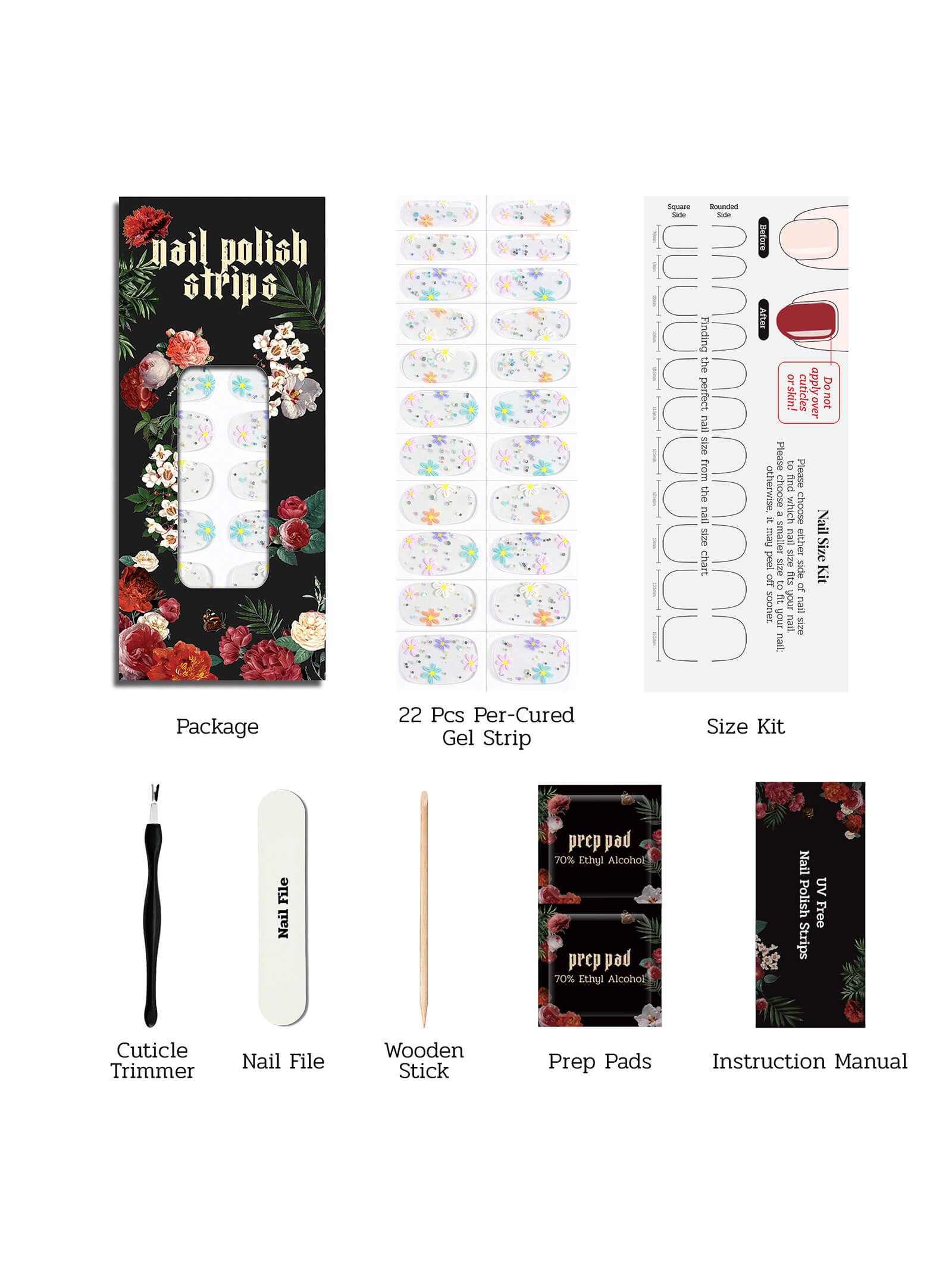 Charming transparent nail stickers with colorful floral embellishments