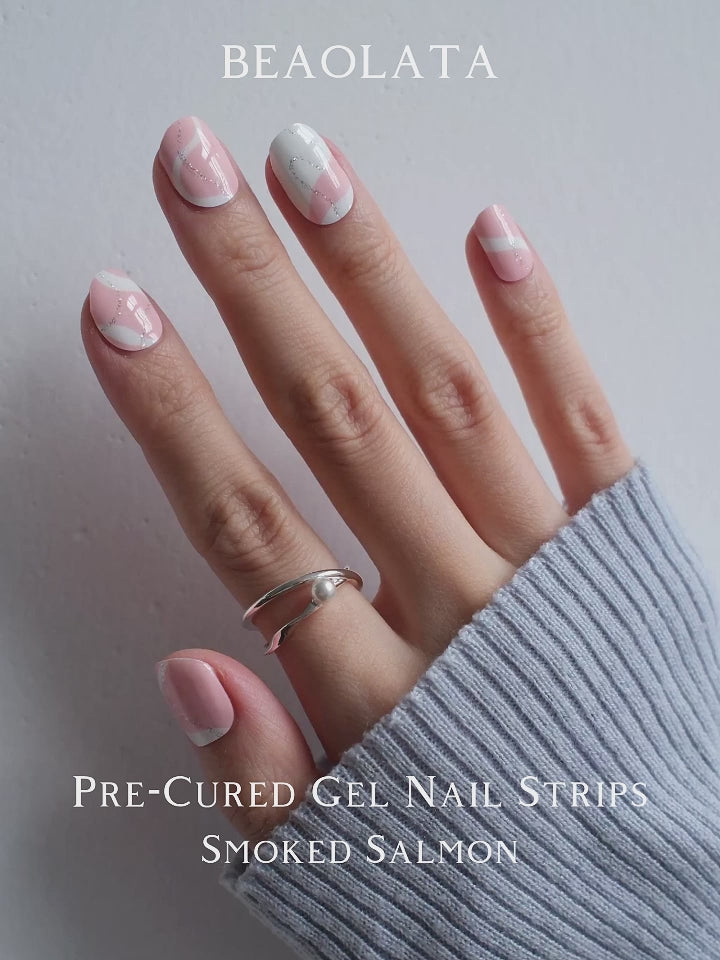 Charger la vidéo : Elegant pink and white split gel nail stickers for a modern look