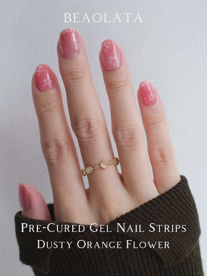 Charming peach pink gel nail stickers with floral details