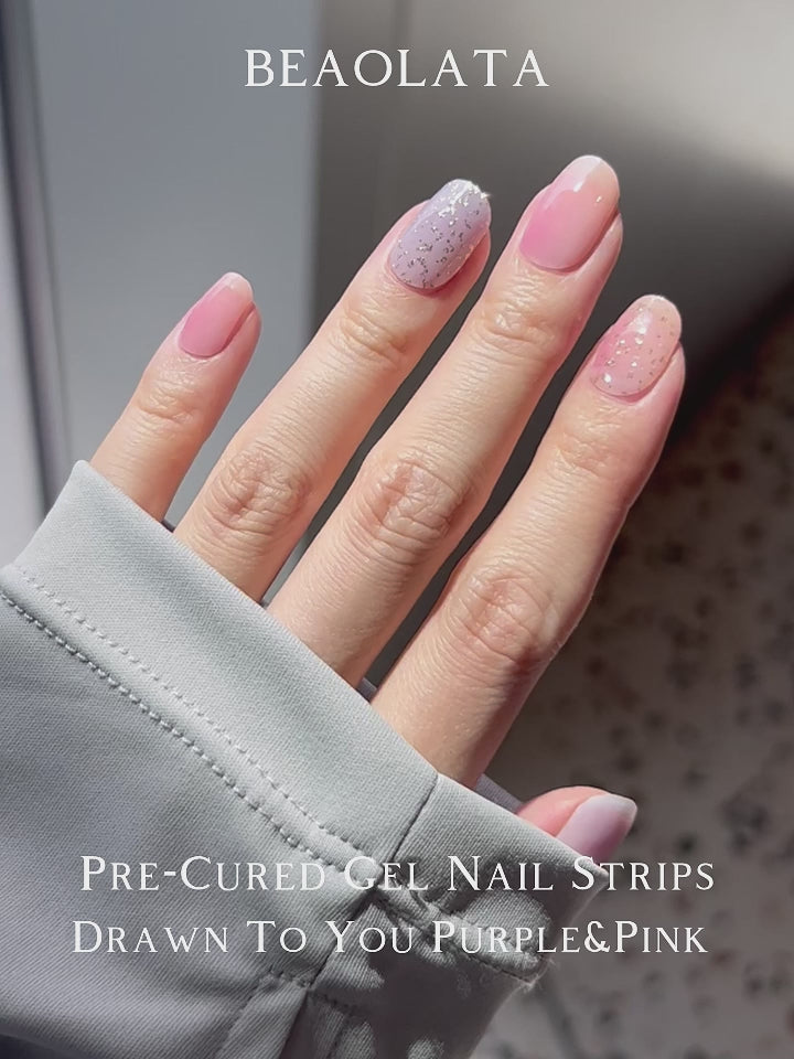 Chic pink-purple gradient gel nail stickers with a sparkling shine