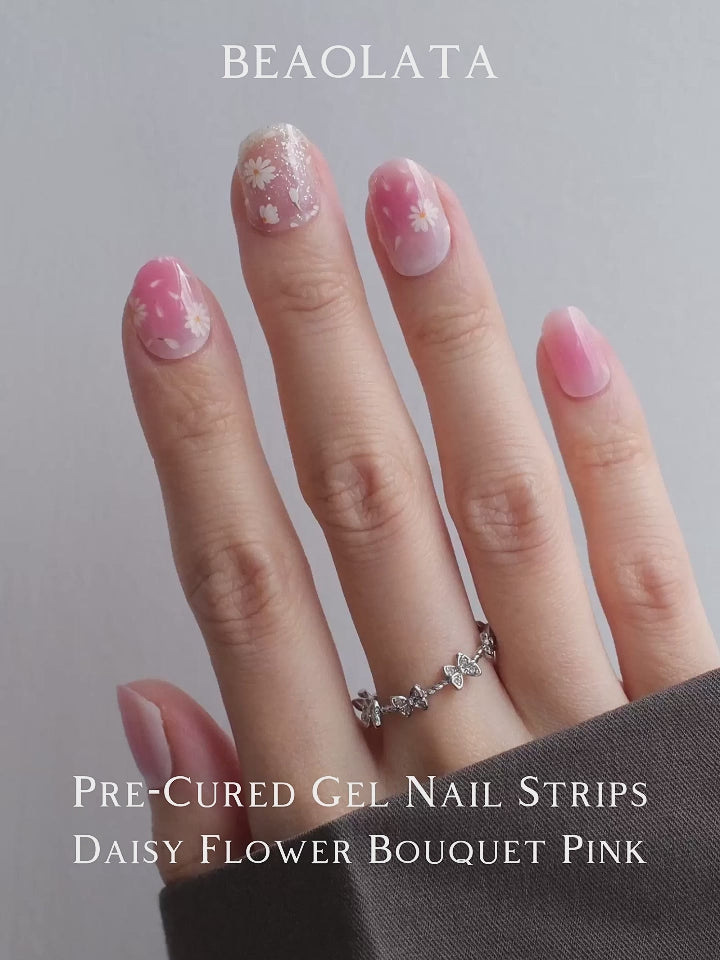 Chic gradient pink gel nail stickers with delicate white flowers