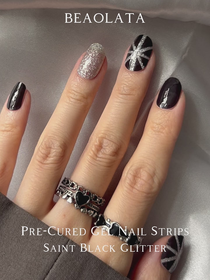 Charger la vidéo : Elegant black nail stickers with silver glitter art designs